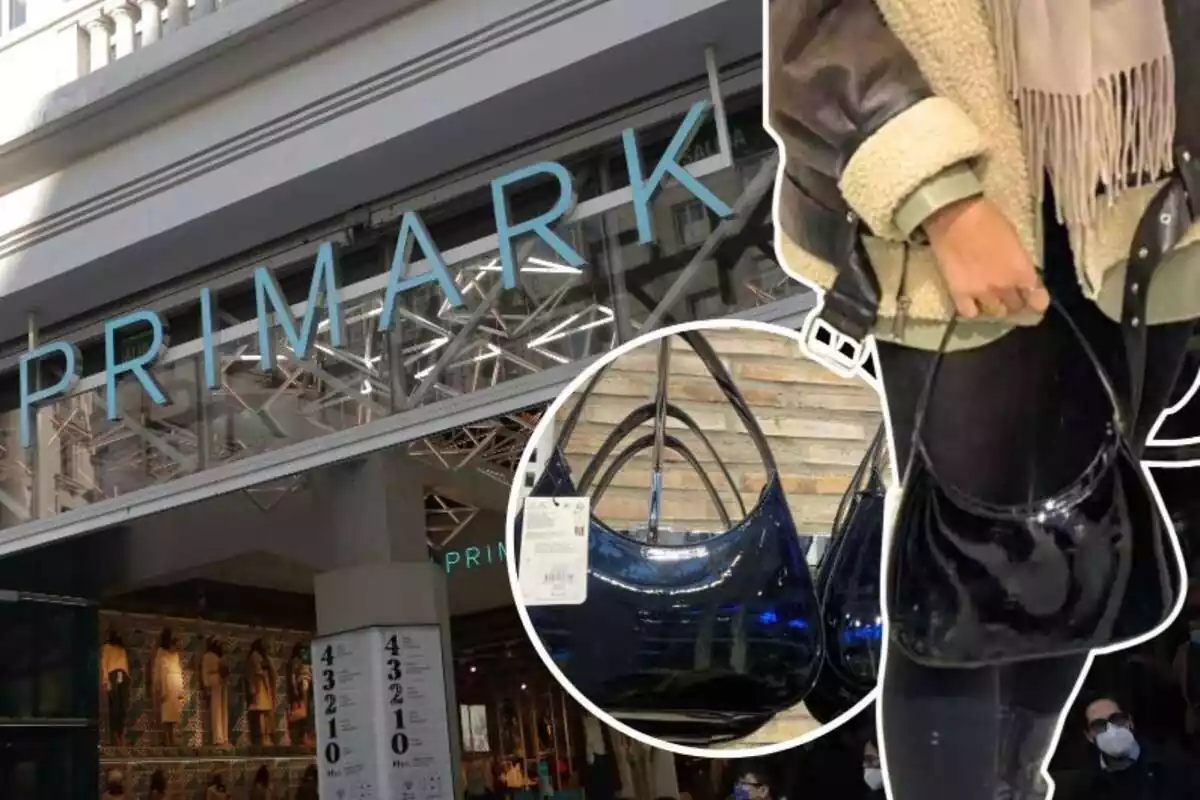 Imatge de fons d'una botiga Primark i una altra d'una persona amb una bossa negra brillant de la col·lecció Rita Ora de Primark, juntament amb una altra imatge de la mateixa bossa penjada