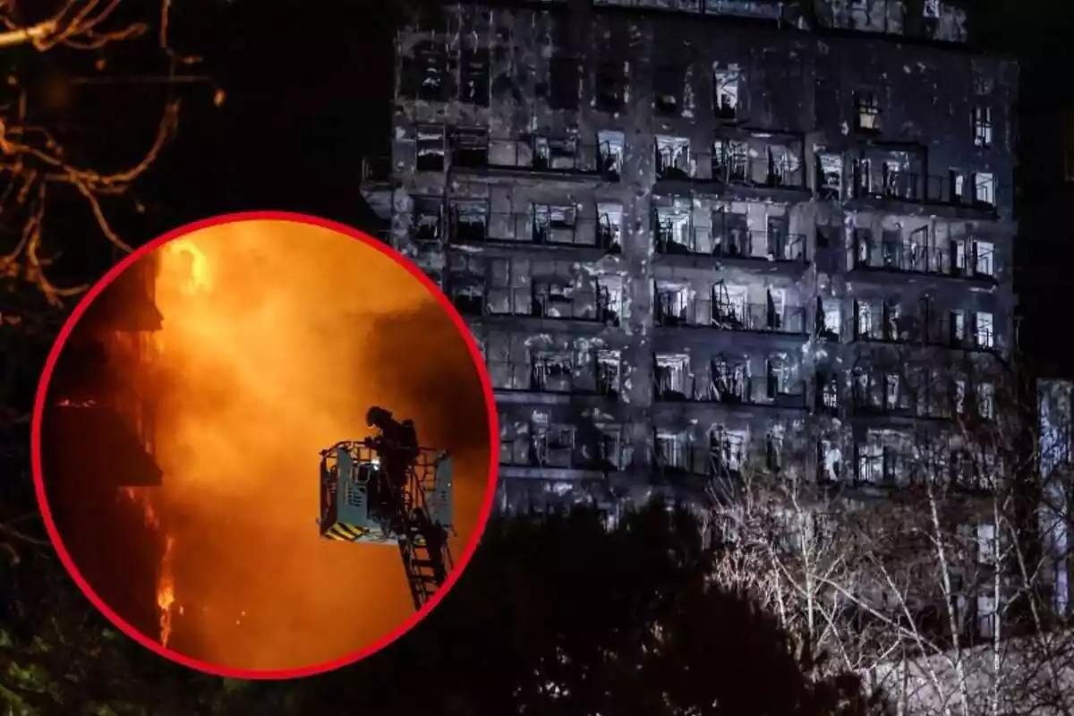 Imatge de fons de l'edifici de Campanar, de València, totalment cremat i una altra imatge d'un bomber acudint a l'edifici en flames amb una elevadora