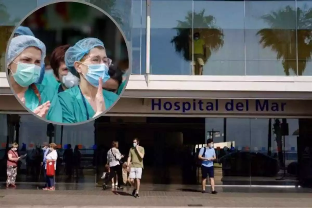 Porta de l'Hospital del Mar amb un muntatge d'un cercle amb infermeres protestant