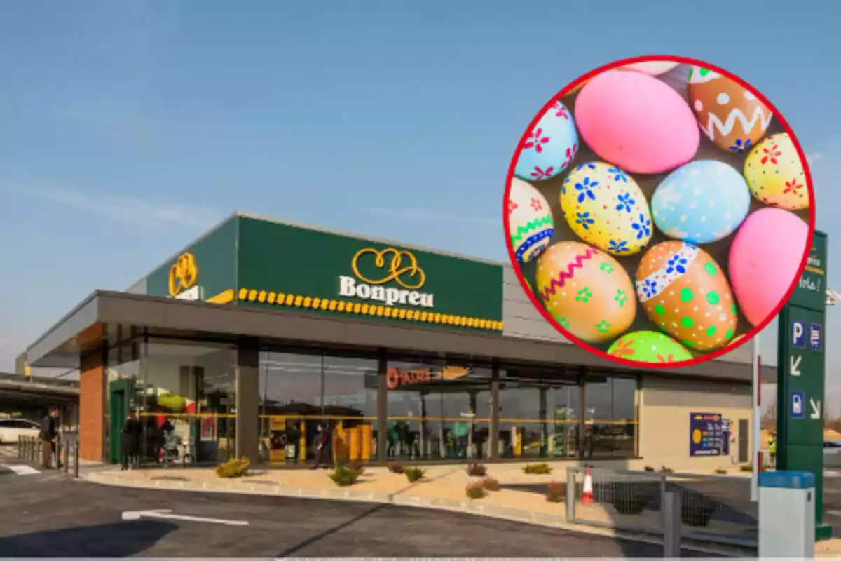 Fotomuntatge amb fons d'un supermercat Bonpreu i una foto emmarcada d'ous de Pasqua