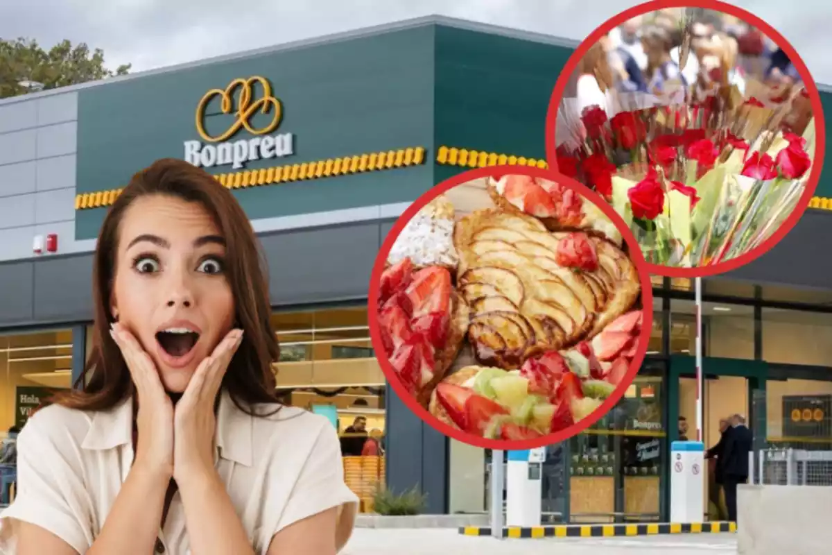 Una dona sorpresa, darrere un supermercat bonpreu i un cercle amb roses de sant jordi i un altre cercle amb postres de pasta de full