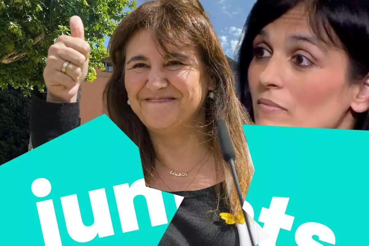 Fotomuntatge de Laura Borràs amb Sílvia Orriols de fons, amb el logotip de Junts trencat de primer pla