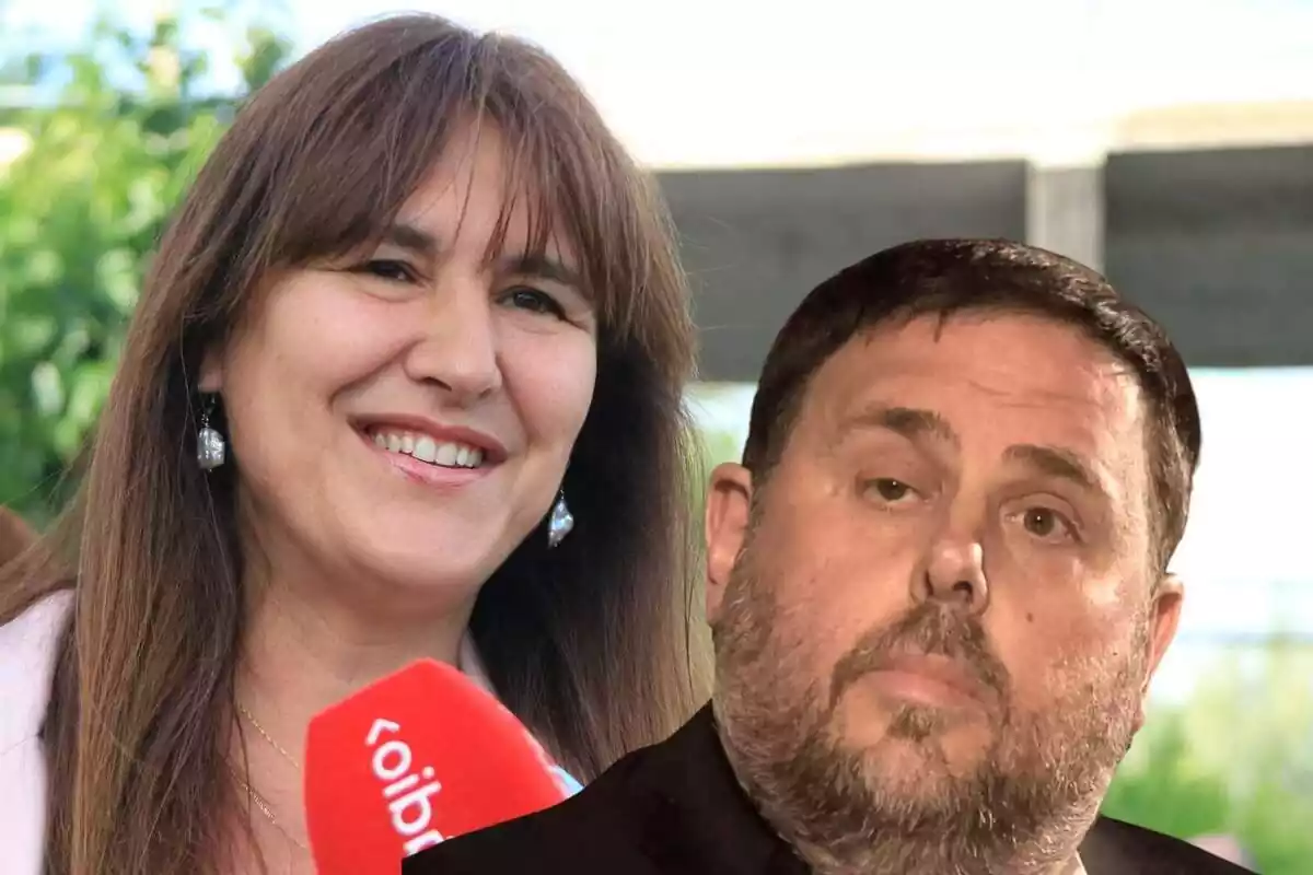 Muntatge fotogràfic amb Laura Borràs somrient de fons i Oriol Junqueras preocupat en primer pla