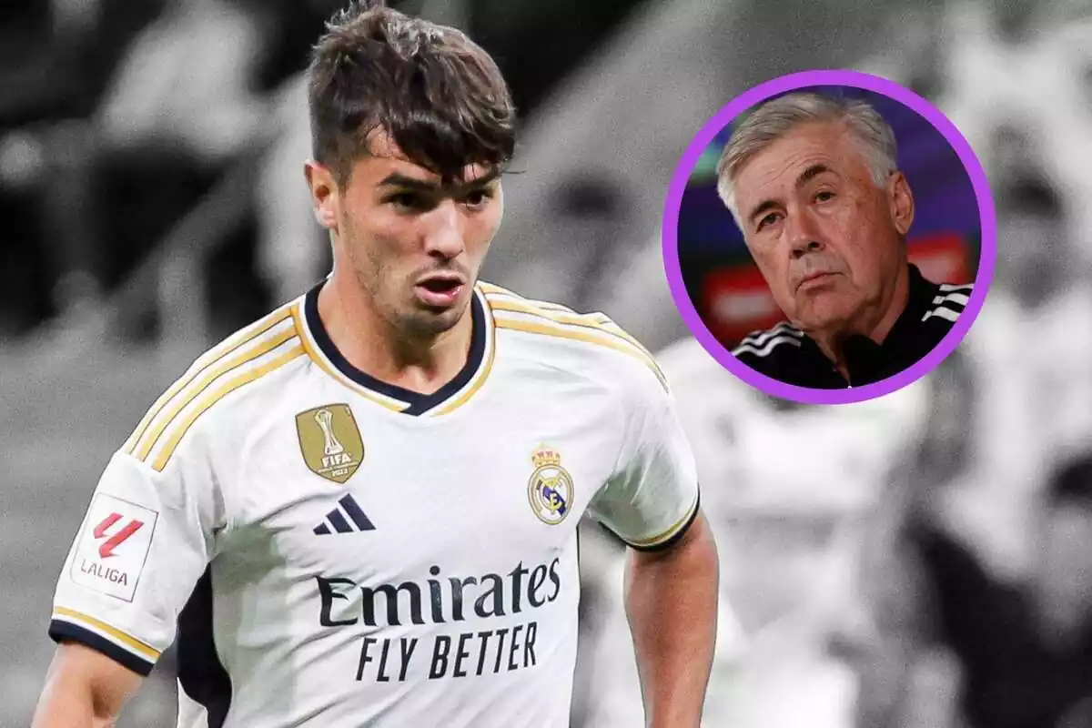 Brahim Díaz amb la samarreta del Reial Madrid al costat d'una imatge retallada de Carlo Ancelotti