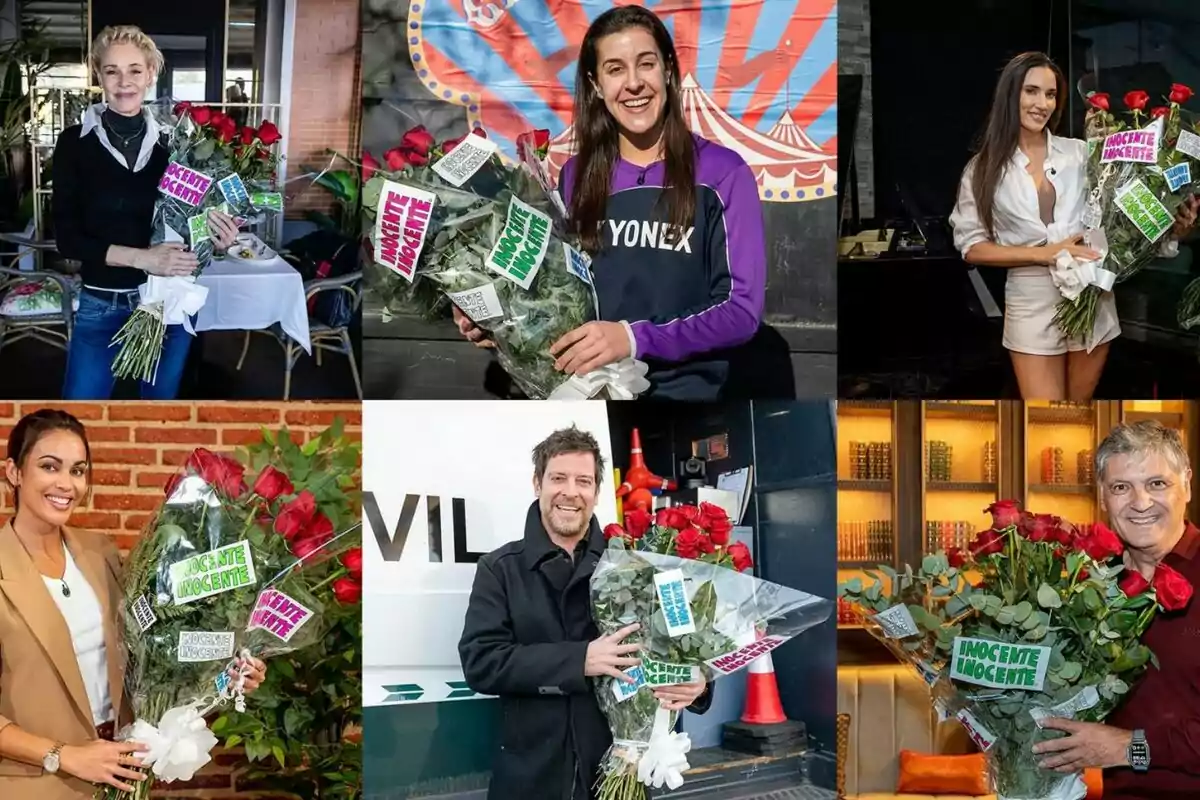 Carolina Marín, Lara Álvarez, Belén Rueda, Toni Nadal, India Martínez i Manu Baqueiro sostenen rams de roses amb etiquetes que diuen 