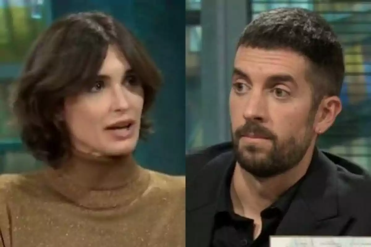 Paz Vega amb to seriós a l'esquerra amb David Broncano sorprès a la dreta, tots dos a La Revuelta.