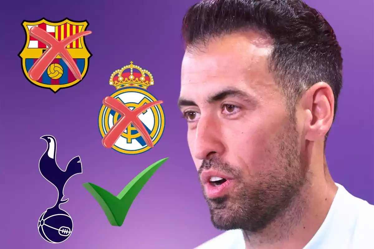 Un home amb barba i cabell fosc apareix en primer pla, amb els logotips del FC Barcelona i el Reial Madrid ratllats amb una X vermella, i el logotip del Tottenham Hotspur amb una marca de verificació verda sobre un fons morat.