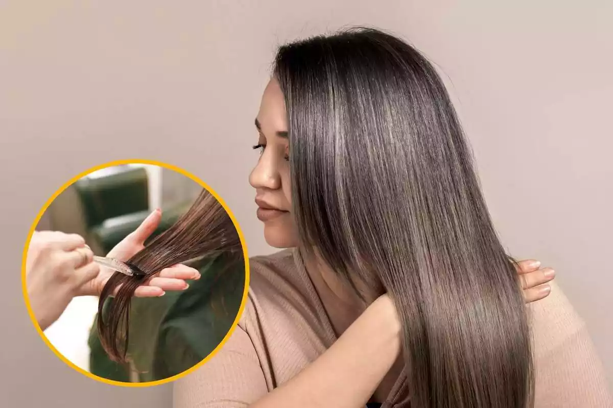 Noia mostrant els cabells sa i cercle groc amb mà aplicant producte en cabell