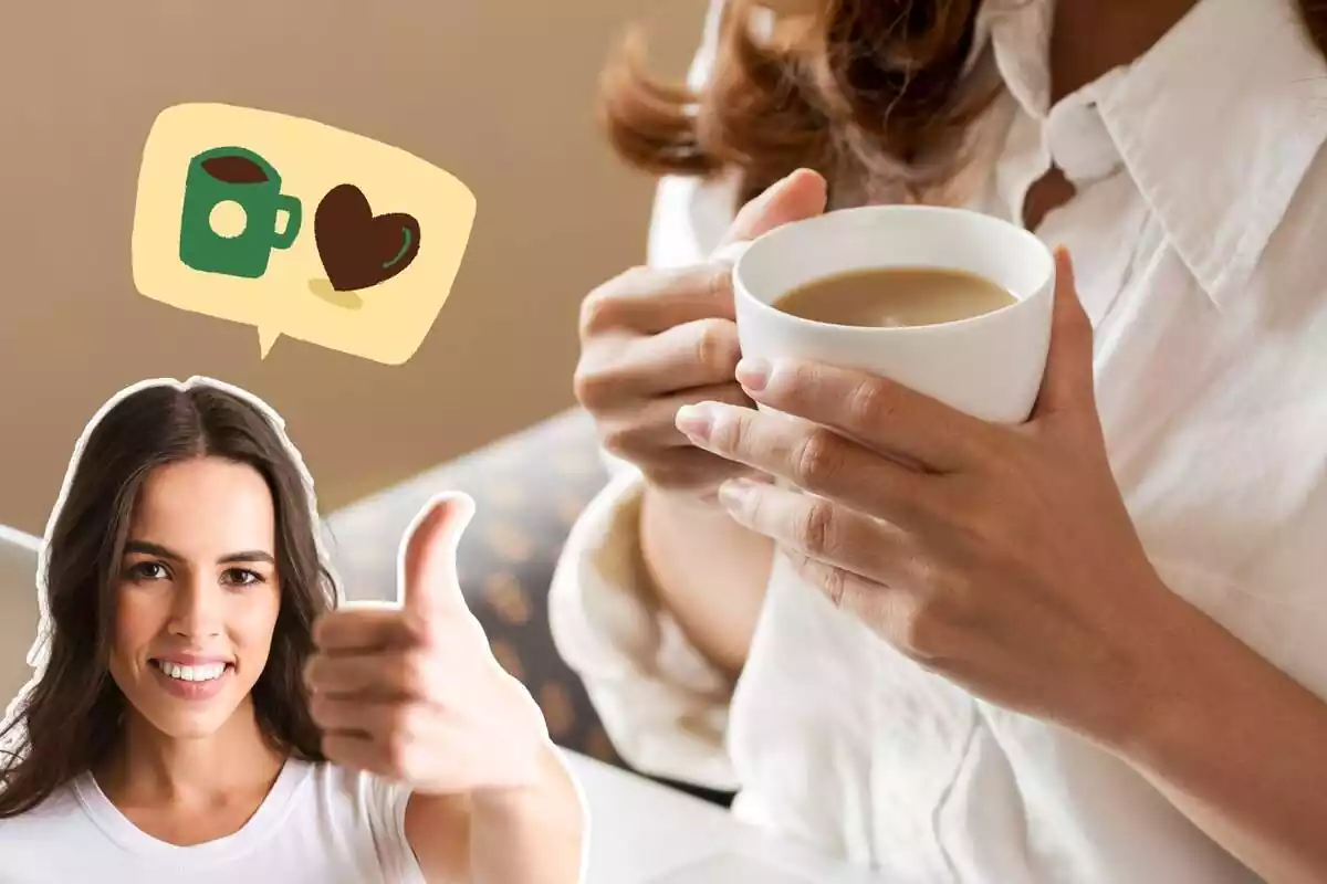 Imatge de fons d'una persona amb una tassa de cafè a la mà, al costat de la imatge d'una altra persona amb gest d'aprovació i una emoticona d'una tassa amb un cor al costat