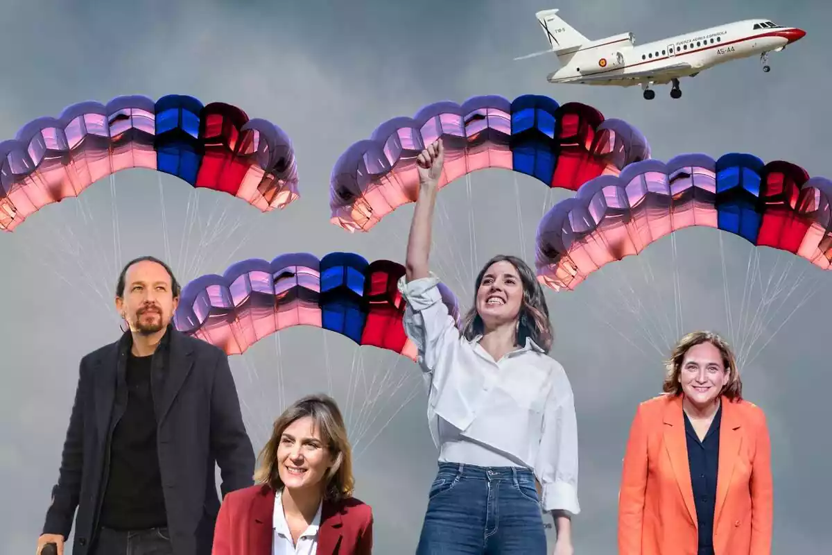 Muntatge fotogràfic amb els polítics de podem Pablo Iglesias, Jéssica Albiach, Irene Montero i Ada Colau caient en paracaigudes