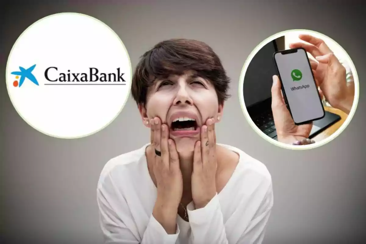 Persona amb expressió d'angoixa, amb el logotip de CaixaBank a l'esquerra i una mà sostenint un telèfon amb l'aplicació de WhatsApp a la dreta.