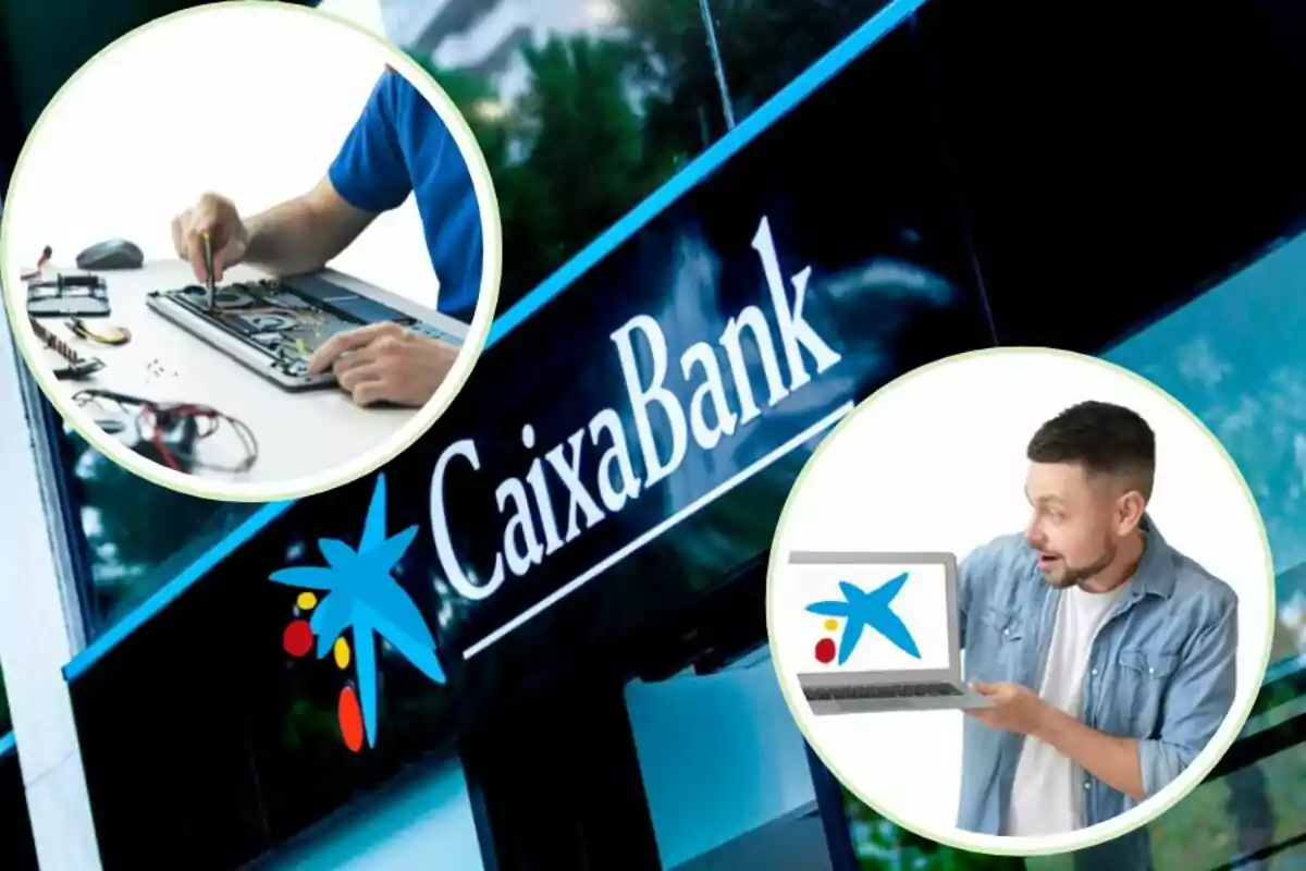Imagen que muestra el logotipo de CaixaBank en un edificio, con dos círculos superpuestos: uno con una persona reparando un dispositivo electrónico y otro con una persona sosteniendo una laptop que muestra el logotipo de CaixaBank. Imagen que muestra el logotipo de CaixaBank en un edificio, con dos círculos superpuestos: uno con una persona reparando un dispositivo electrónico y otro con una persona sosteniendo una laptop que muestra el logotipo de CaixaBank.