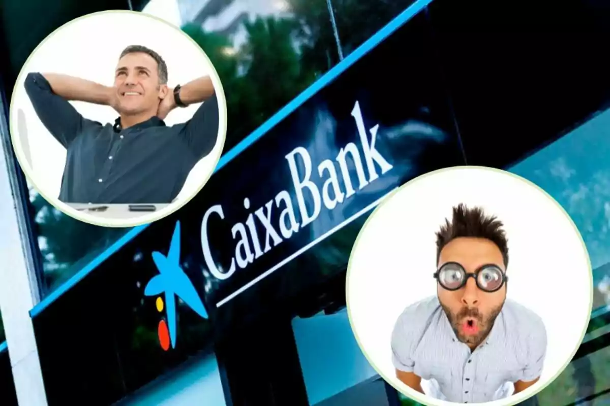 Dos homes emmarcats en cercles, un de relaxat i un altre amb expressió de sorpresa, sobre un fons amb el logo de CaixaBank.