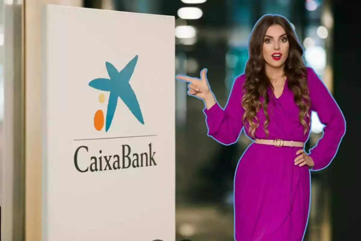 Woman in purple dress pointing at a CaixaBank sign.