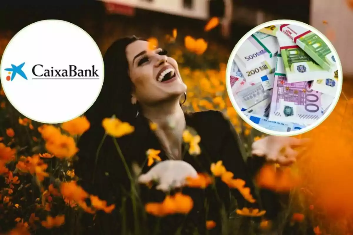 Una dona somrient en un camp de flors grogues amb el logotip de CaixaBank i una imatge de bitllets d'euro.