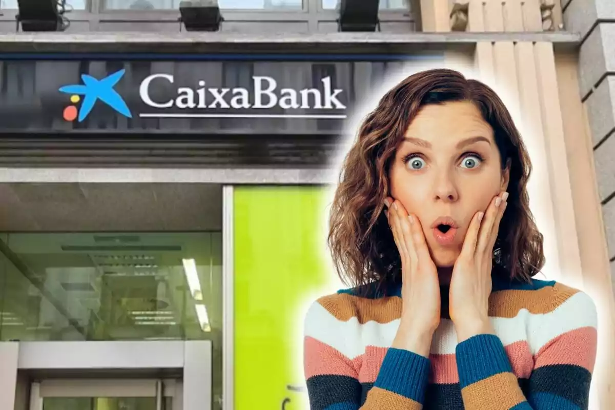 Una persona amb expressió de sorpresa davant de l?entrada d?una sucursal de CaixaBank.