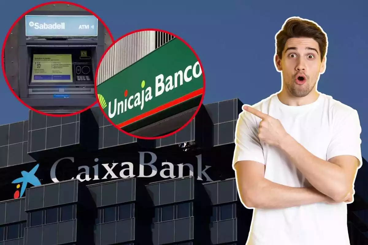 Muntatge amb una imatge de fons de CaixaBank i dues més d'Unicaja i Sabadell, a més, un home sorprès