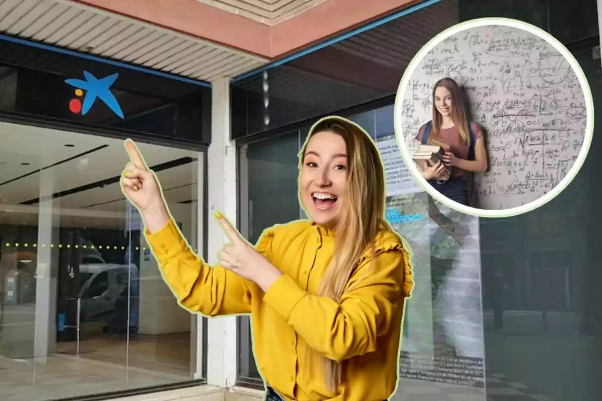 Una mujer sonriente con una camisa amarilla señala hacia arriba con ambas manos frente a un edificio con el logotipo de una entidad financiera y una imagen circular de una joven con libros y una pizarra llena de fórmulas matemáticas.