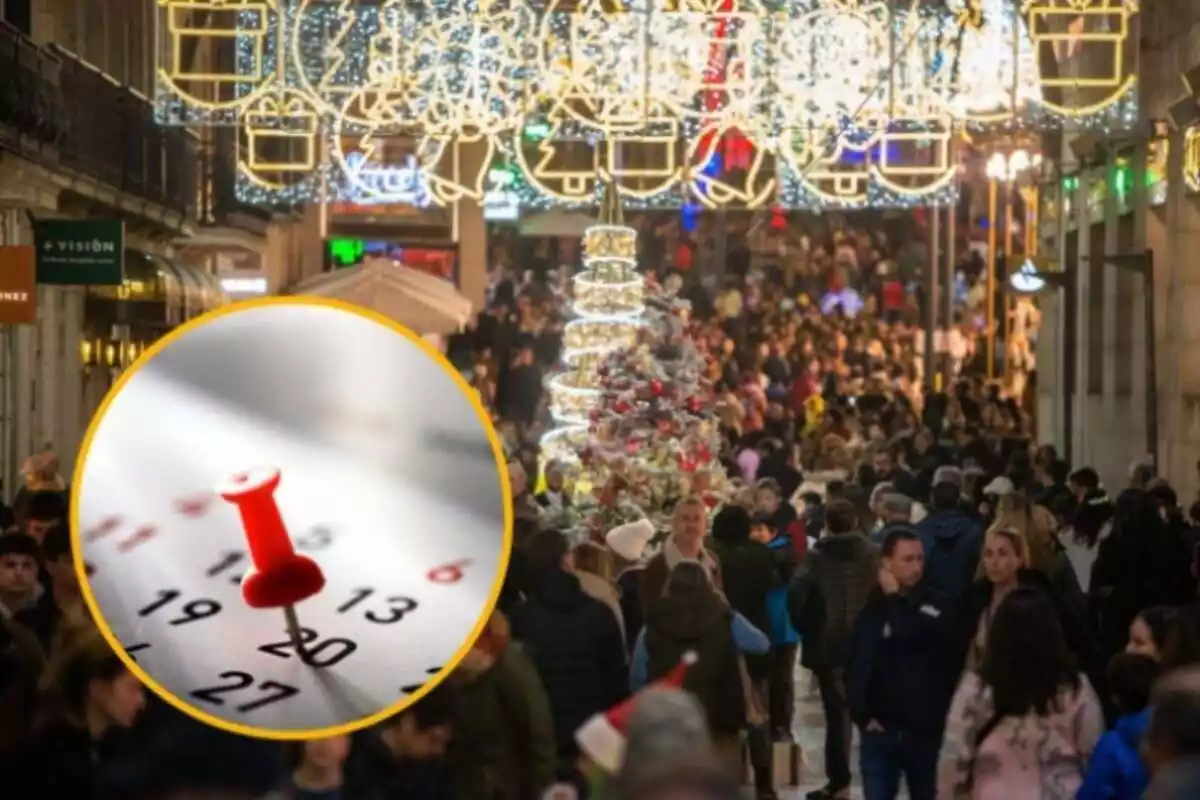 Muntatge amb gent passejant per un carrer amb l'enllumenat de Nadal i cercle amb xinxeta clavada en un calendari