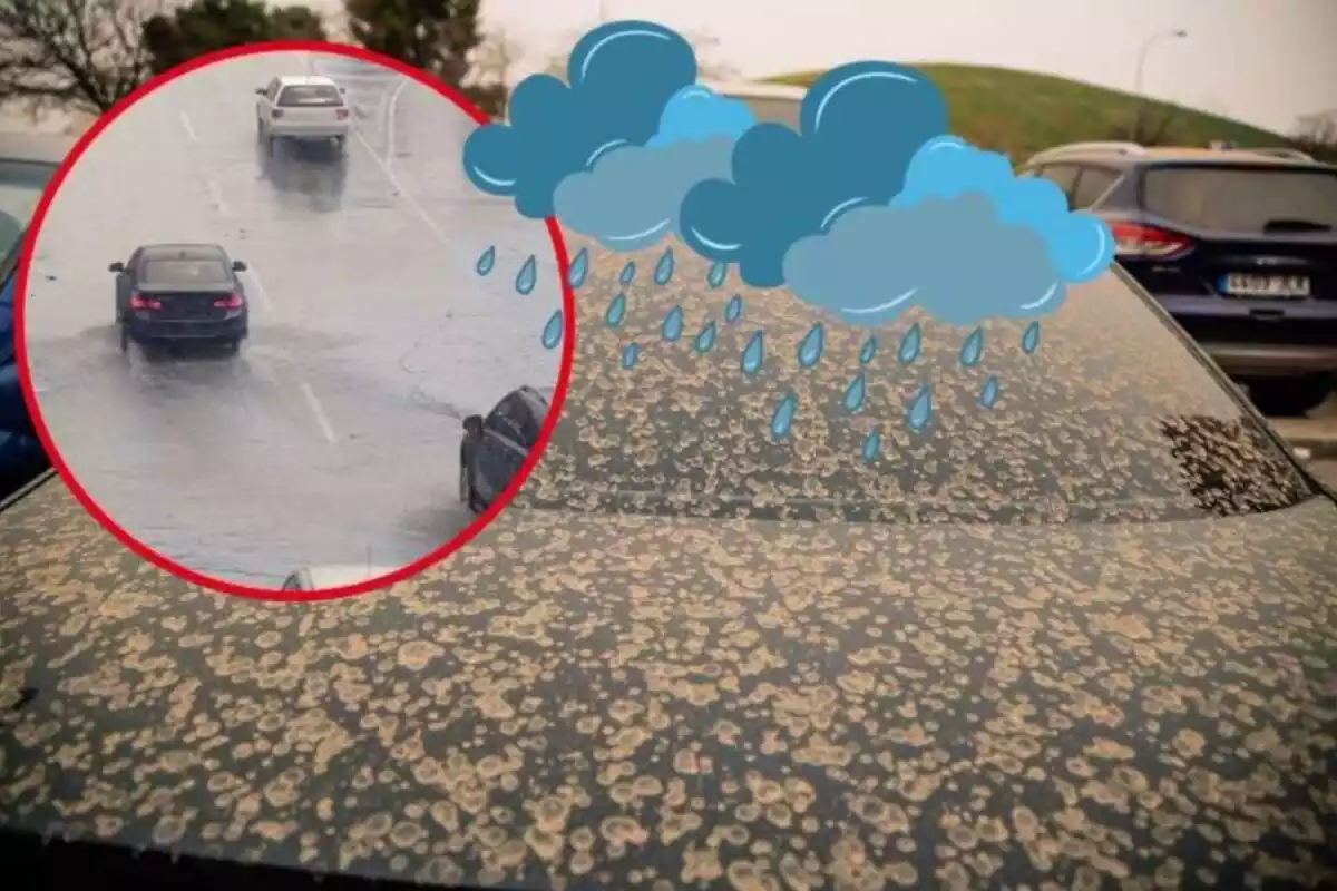 Imatge de fons d'un cotxe brut amb fang i una altra imatge de diversos cotxes circulant per una carretera mullada i unes emoticones de pluja
