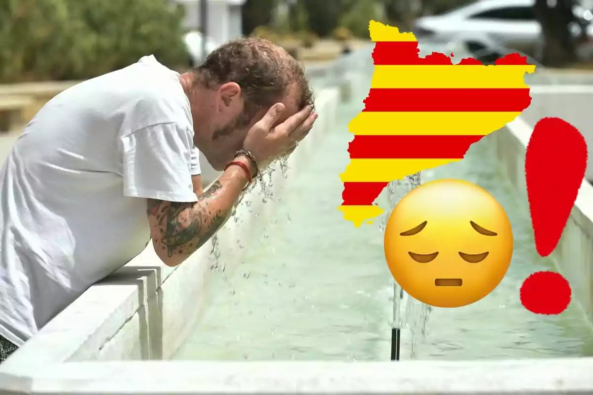 Home refrescant-se a una font amb un mapa de Catalunya, un emoji de cara preocupada i un signe d'exclamació vermell superposats.