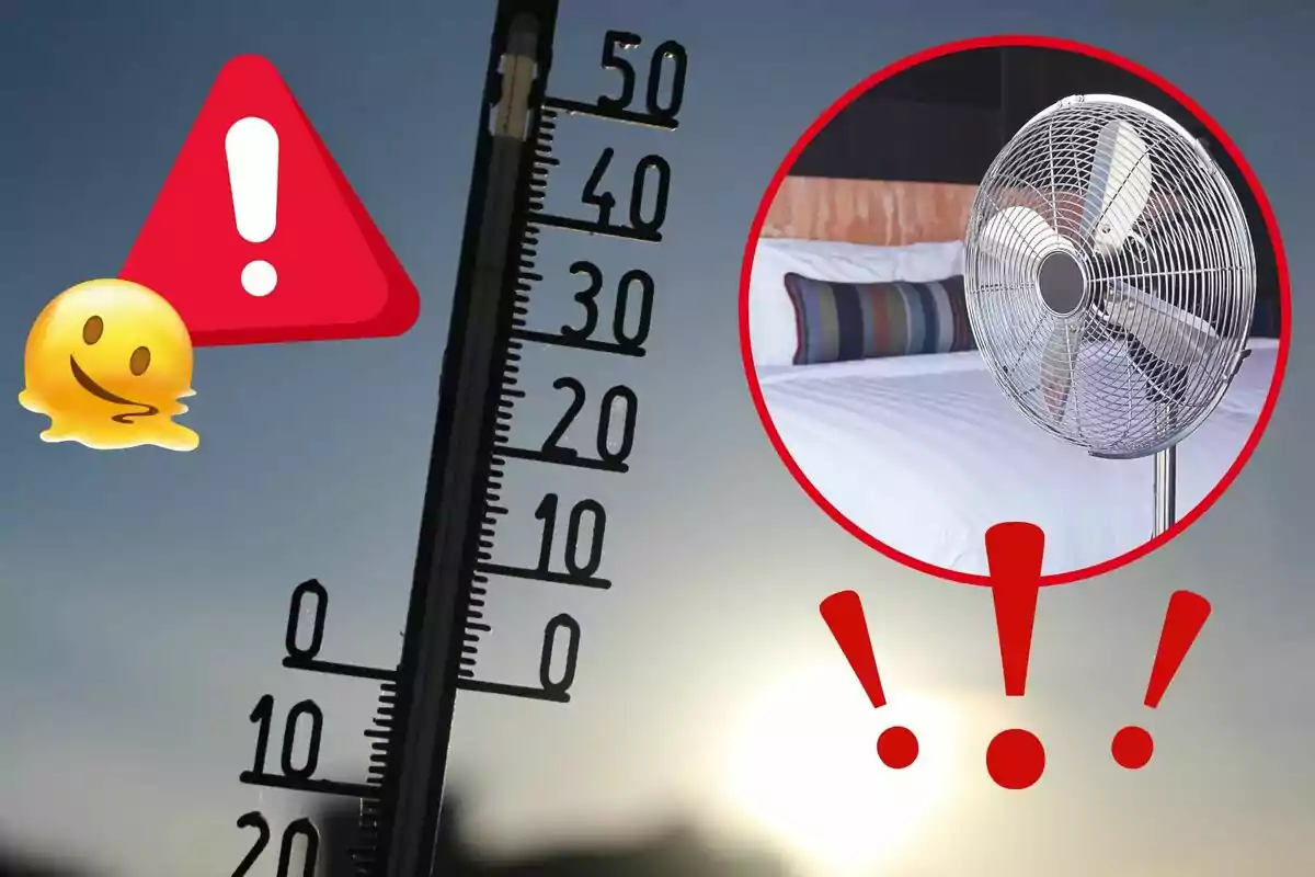 Termòmetre marcant temperatures altes amb un ventilador en una habitació i emojis d'advertència i calor. Termòmetre marcant temperatures altes amb un ventilador en una habitació i emojis d'advertència i calor.