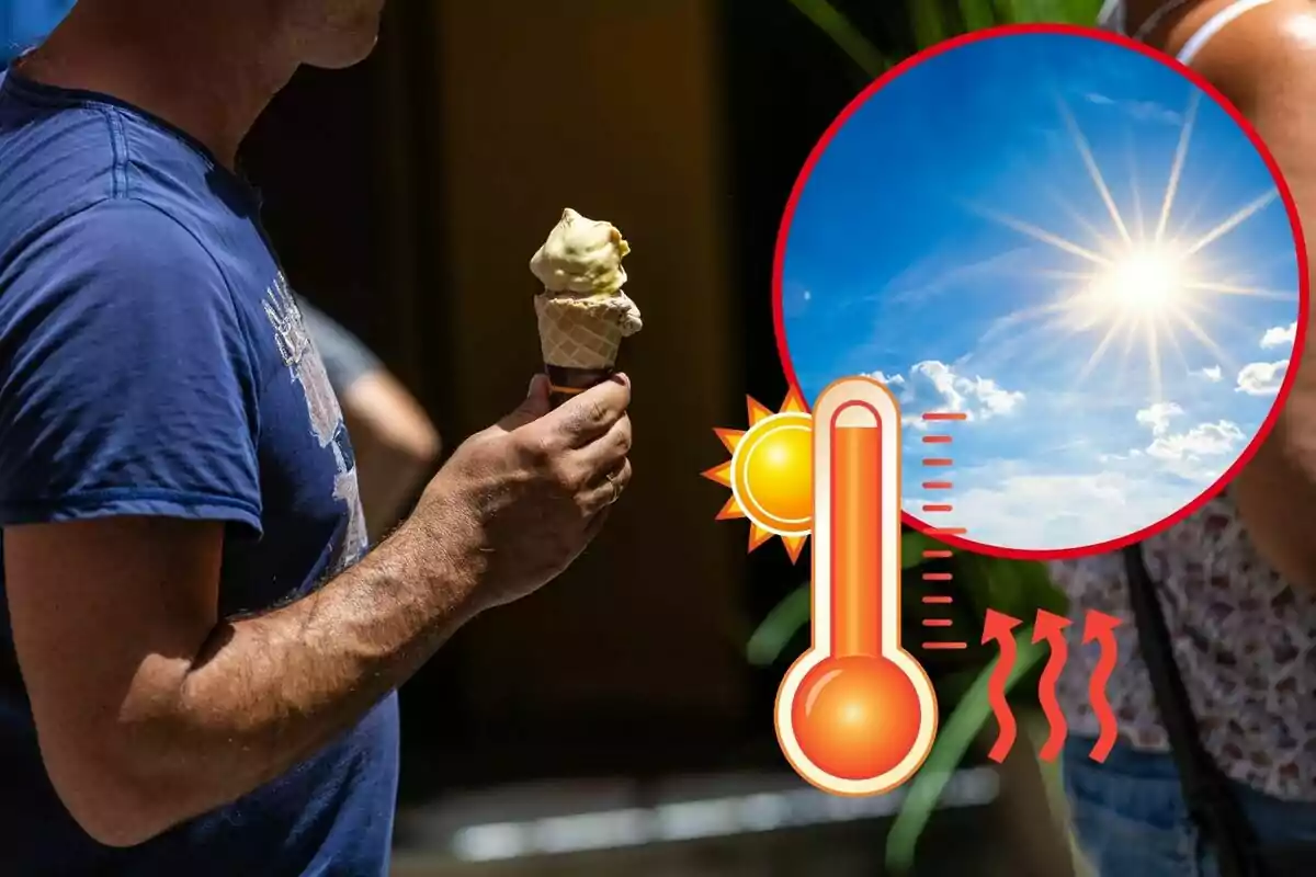 Un home sosté un gelat mentre el sol brilla intensament i un gràfic mostra un termòmetre indicant altes temperatures. Un home sosté un gelat mentre el sol brilla intensament i un gràfic mostra un termòmetre indicant altes temperatures.