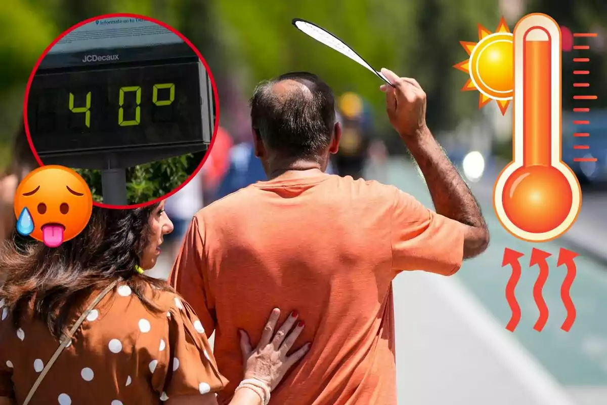 Persones caminant sota el sol amb una temperatura de 40 graus, una d'elles es venta per refrescar-se. Persones caminant sota el sol amb una temperatura de 40 graus, una d'elles es venta per refrescar-se.