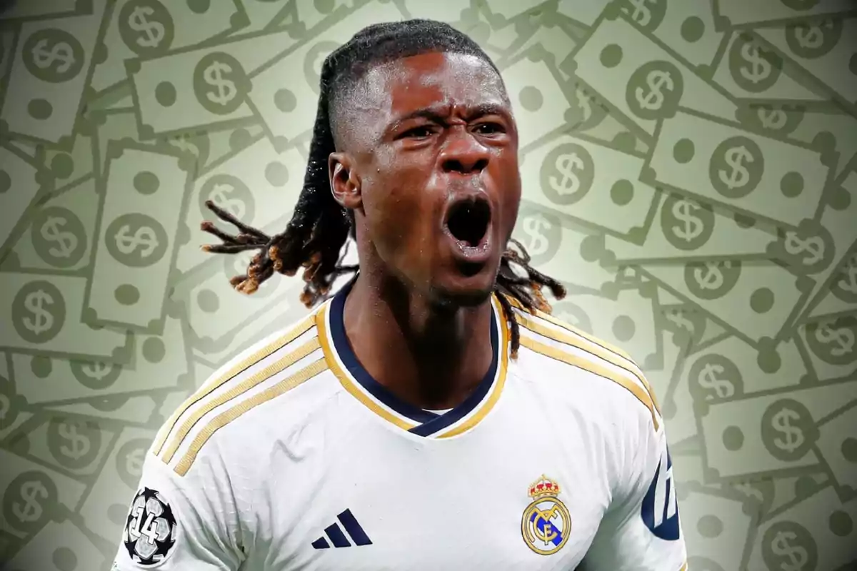 A player in a white Real Madrid uniform shouts with excitement, with a background of dollar bills.