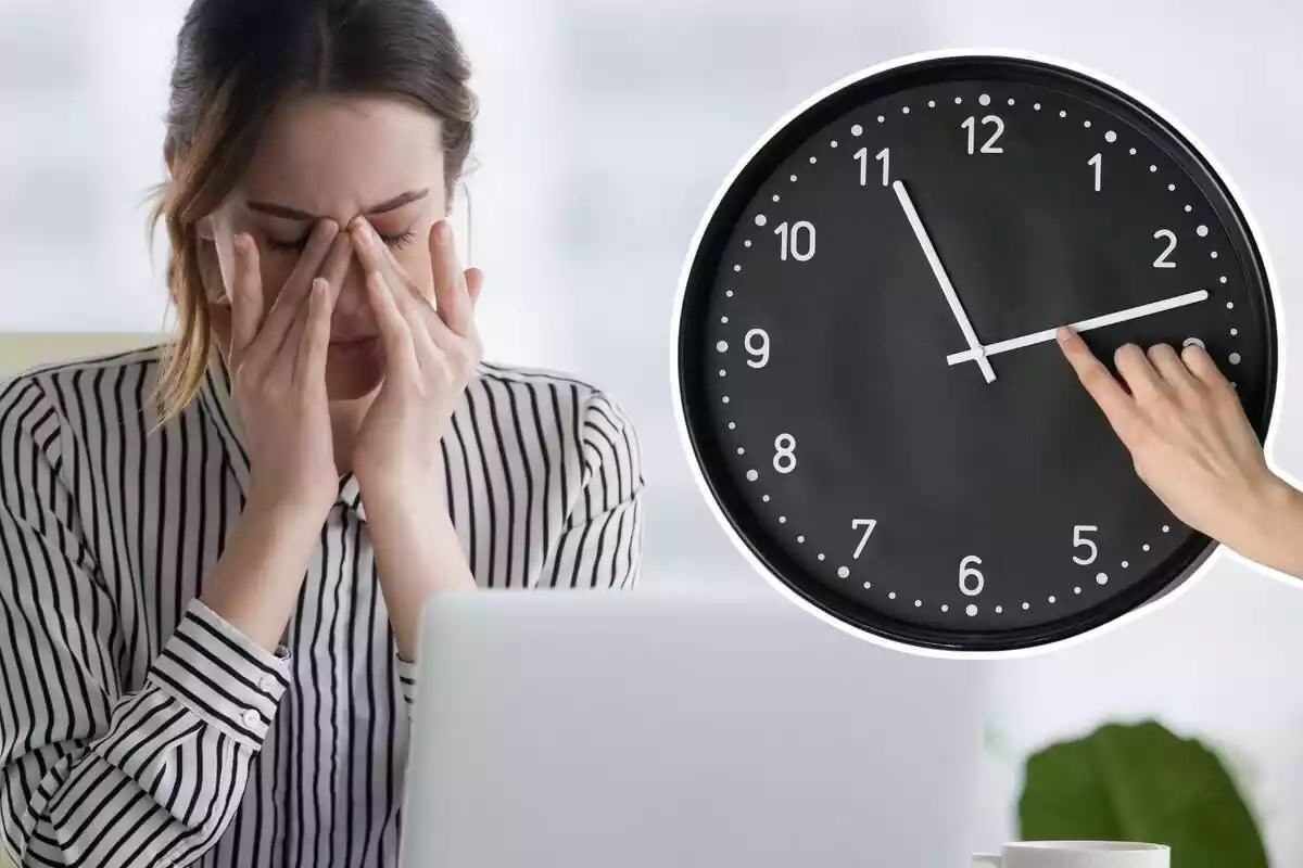 Imatge d´una dona cansada davant d´un ordinador i una altra imatge d´un rellotge amb una mà que ho assenyala