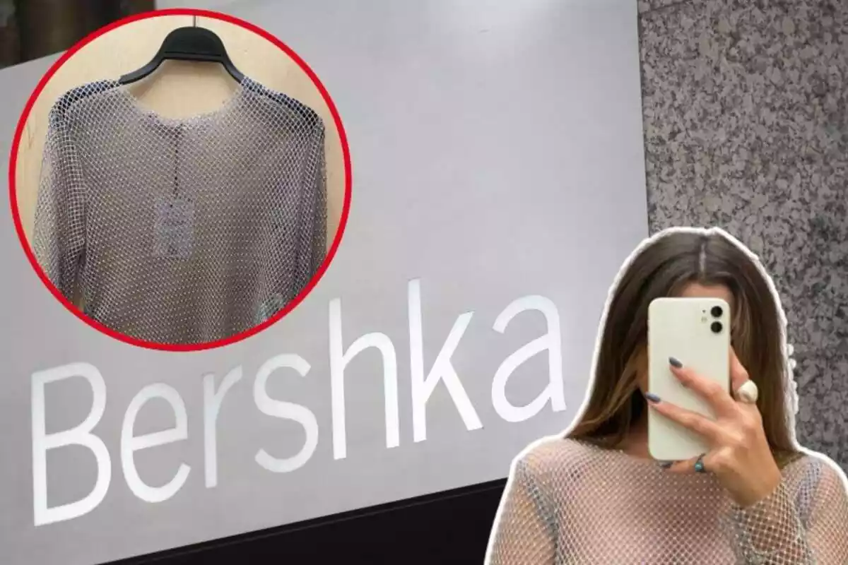 Imatge de fons d'una botiga Bershka amb el seu logotip i dues més d'una samarreta de xarxa de la marca, una amb una persona posant