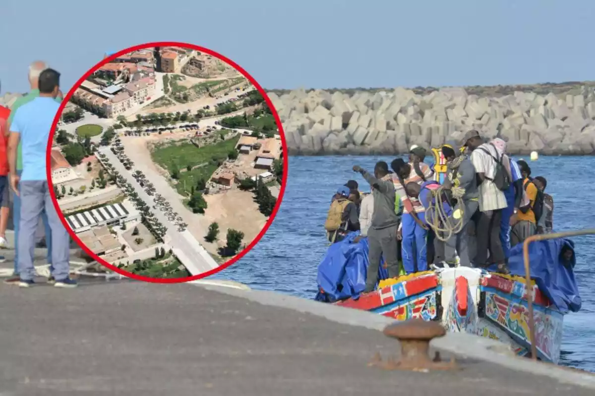 Imatge d'una piragua plena d'immigrants il·legals arribant a un port de les Canàries i un marc amb una foto aèria de Tàrrega