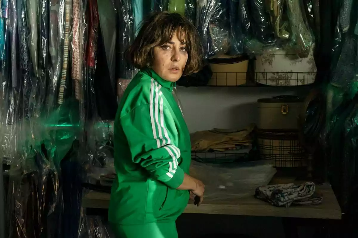 Una persona amb jaqueta verda està en una habitació plena de roba penjada en fundes de plàstic. Una persona amb jaqueta verda està en una habitació plena de roba penjada en fundes de plàstic.