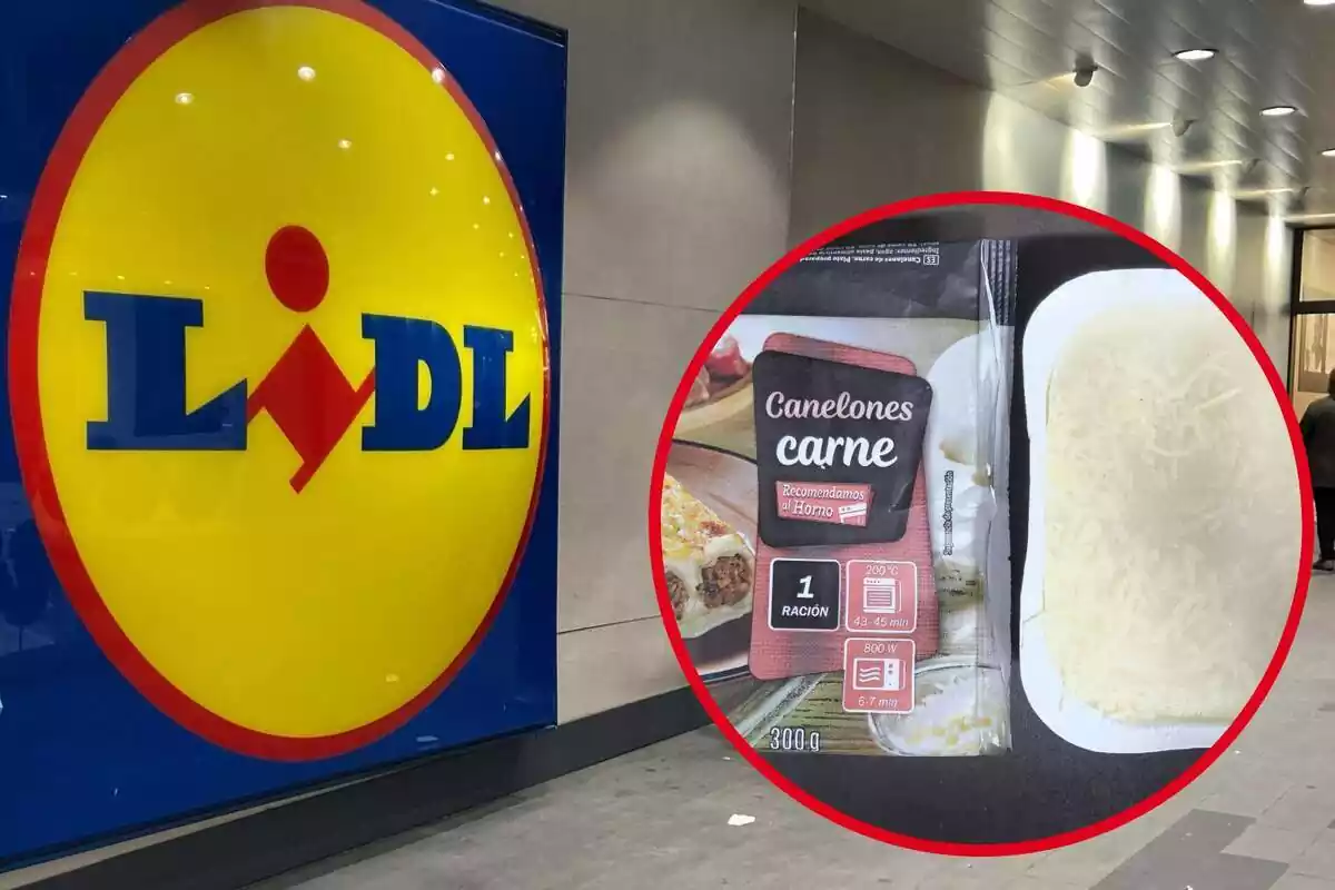 Muntatge amb una imatge de fons d'un logotip del supermercat Lidl i una altra imatge d'uns canelons de la marca Monissa de Lidl