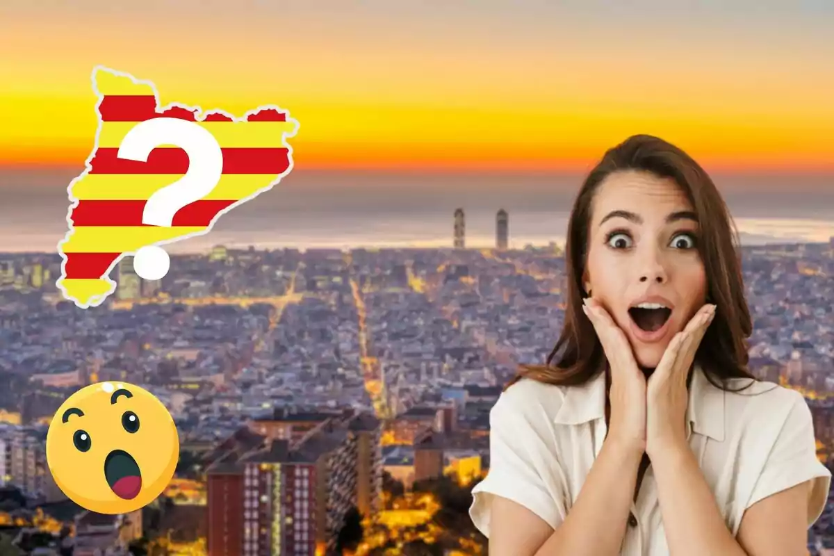 Dona sorpresa amb les mans a la cara davant d'una vista panoràmica d'una ciutat cap al tard, amb un mapa de Catalunya amb un signe d'interrogació i un emoji de sorpresa.