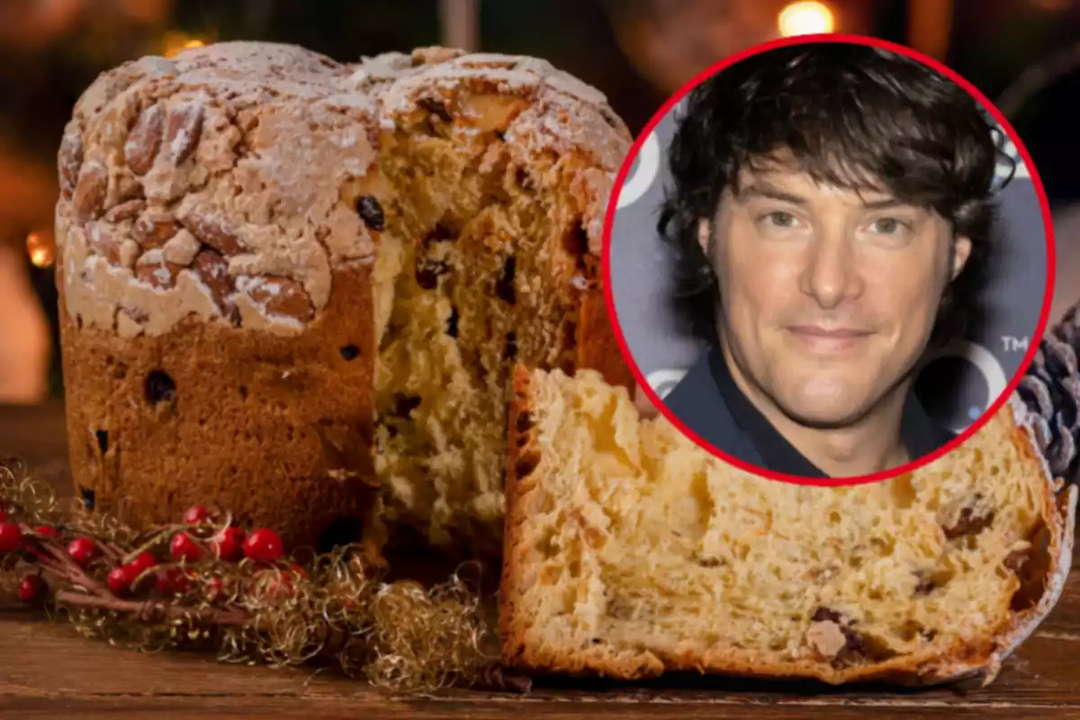 Muntatge amb un panettone amb un tros tallat i un cercle amb la cara del reconegut xef Jordi Cruz