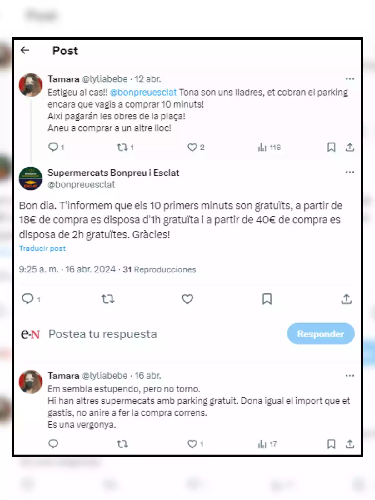 Captura de pantalla d´un tweet de Bonpreu on responen a la queixa d´una clienta Captura de pantalla d´un tweet de Bonpreu on responen a la queixa d´una clienta