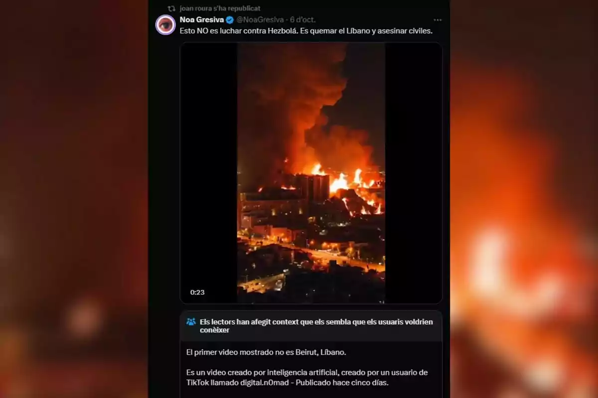 Una imatge d'una piulada que mostra un incendi massiu en una ciutat a la nit amb un comentari que critica l'acció com un atac al Líban i esmenta que el vídeo va ser creat per intel·ligència artificial.