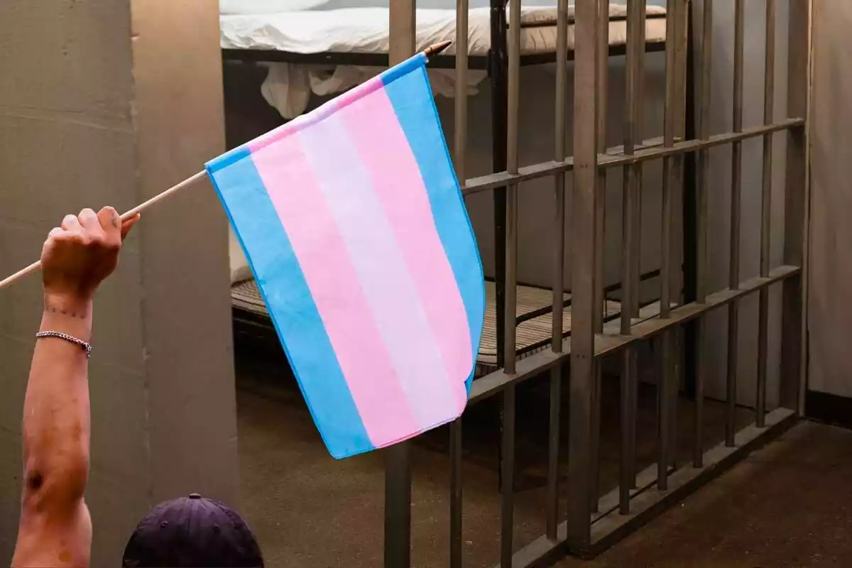 Fotomuntatge amb una presó de fons i el braç d'una activista amb una bandera associada a la comunitat transsexual