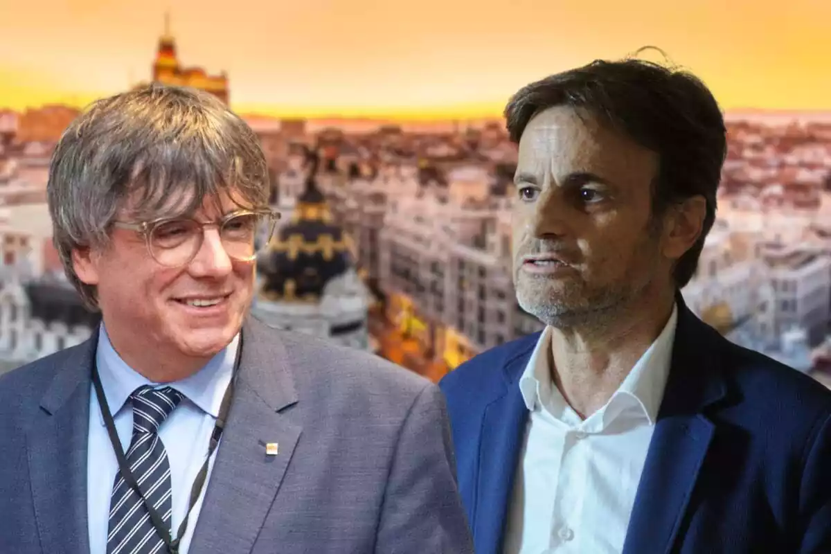 Muntatge de Carles Puigdemont i Jaume Asens sobre un fons difuminat de Madrid