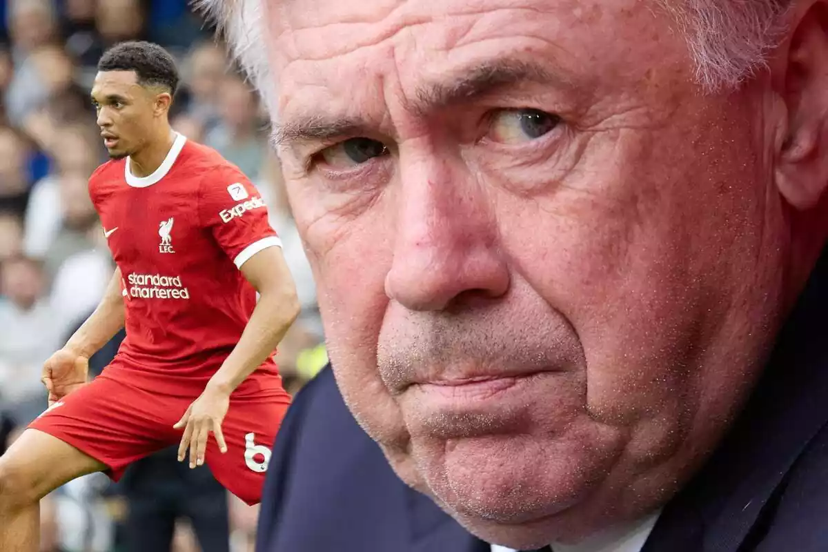 Carlo Ancelotti mira de banda amb cara d'enuig amb Trent Alexander-Arnold al fons