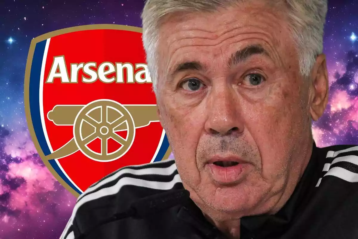 Carlo Ancelotti con cara de susto y el escudo del Arsenal al fondo Carlo Ancelotti con cara de susto y el escudo del Arsenal al fondo