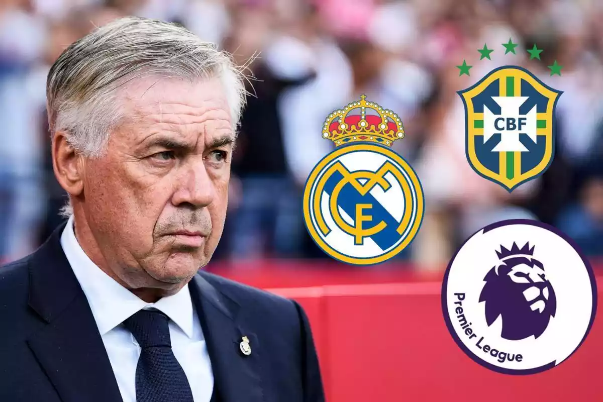 Muntatge de Carlo Ancelotti amb escuts Premier League, Reial Madrid i Selecció Brasilera