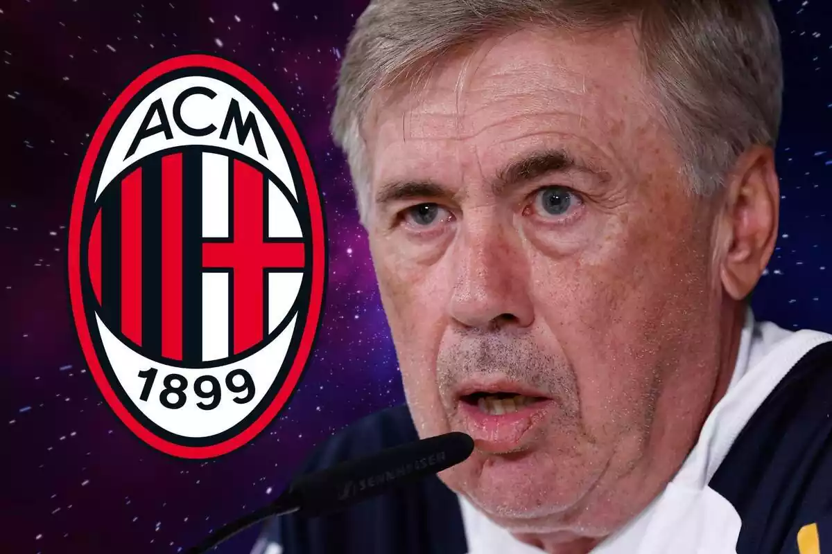 Carlo Ancelotti amb cara d'ensurt parlant per un micròfon amb l'escut de l'AC Milan de banda