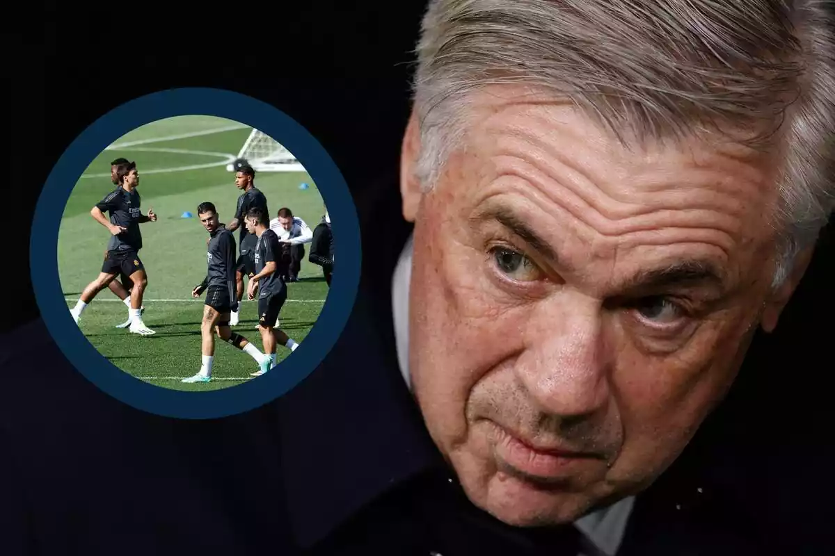 Muntatge de Carlo Ancelotti mirant els seus jugadors entrenar