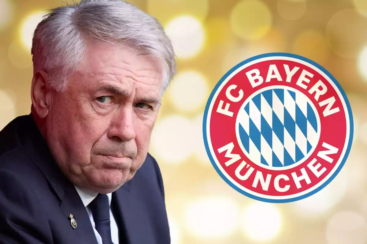 Carlo Ancelotti i l'escut del Bayern Munic en primer pla