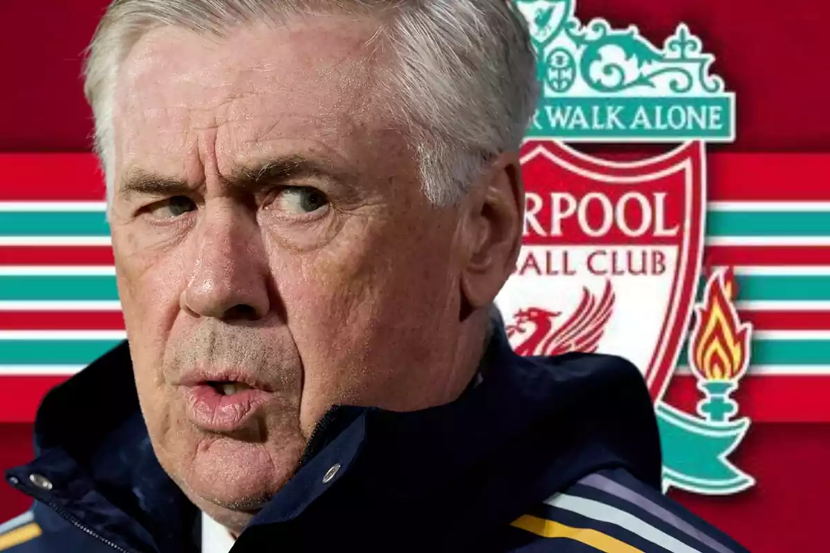 Carlo Ancelotti enfadat amb l'escut del Liverpool al fons