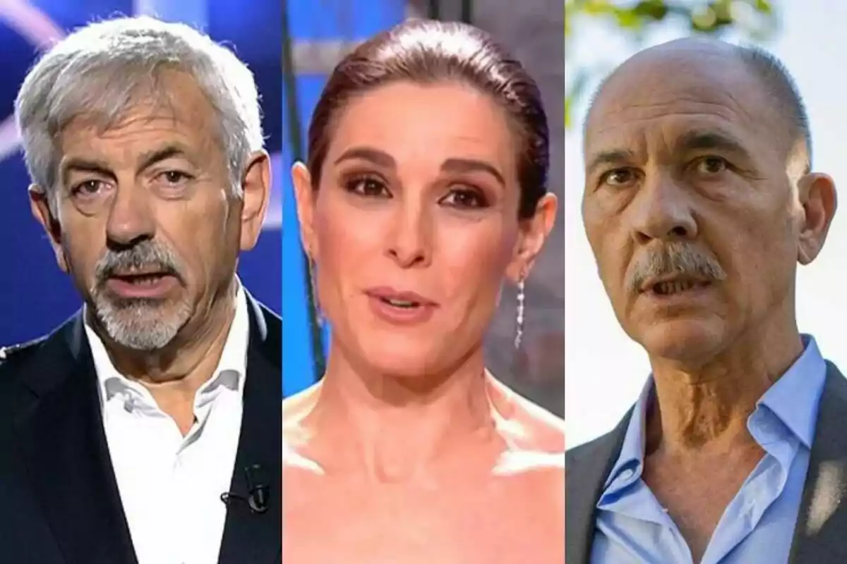 Tres personas en un collage, Carlos Sobera en GH DÚO, Raquel Sánchez Silva en Maestros de la Costura y Dario Grandinetti en Honor, todos mirando hacia la cámara.