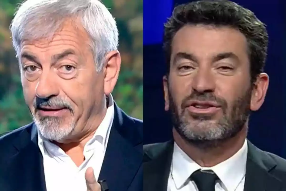 Carlos Sobera a Supervivientes i Arturo Valls a That's My Jam, tots dos amb barba i vestit, apareixen en un muntatge d'imatges costat a costat.