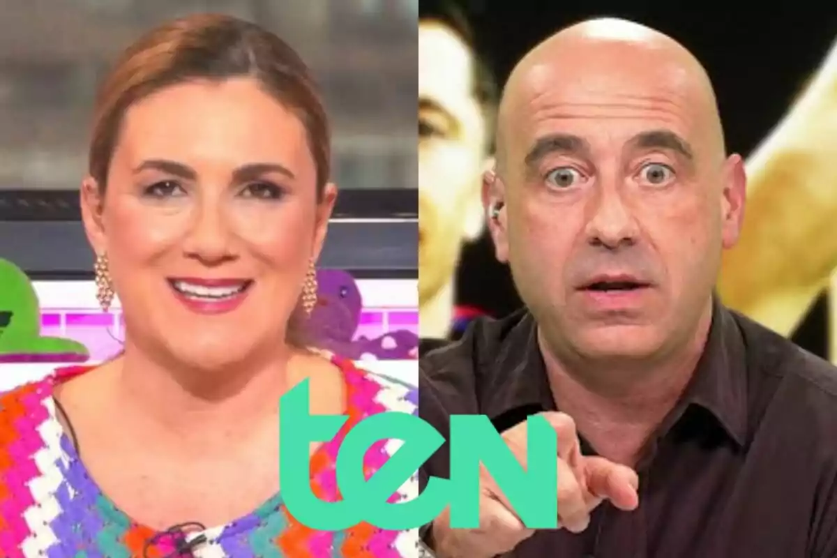 Dos presentadors de televisió apareixen en un muntatge dividit, Carlota Corredera somrient a Tentáculos a l’esquerra i un home calb amb expressió seriosa a Directe Gol a la dreta, amb el logotip de Ten al centre.